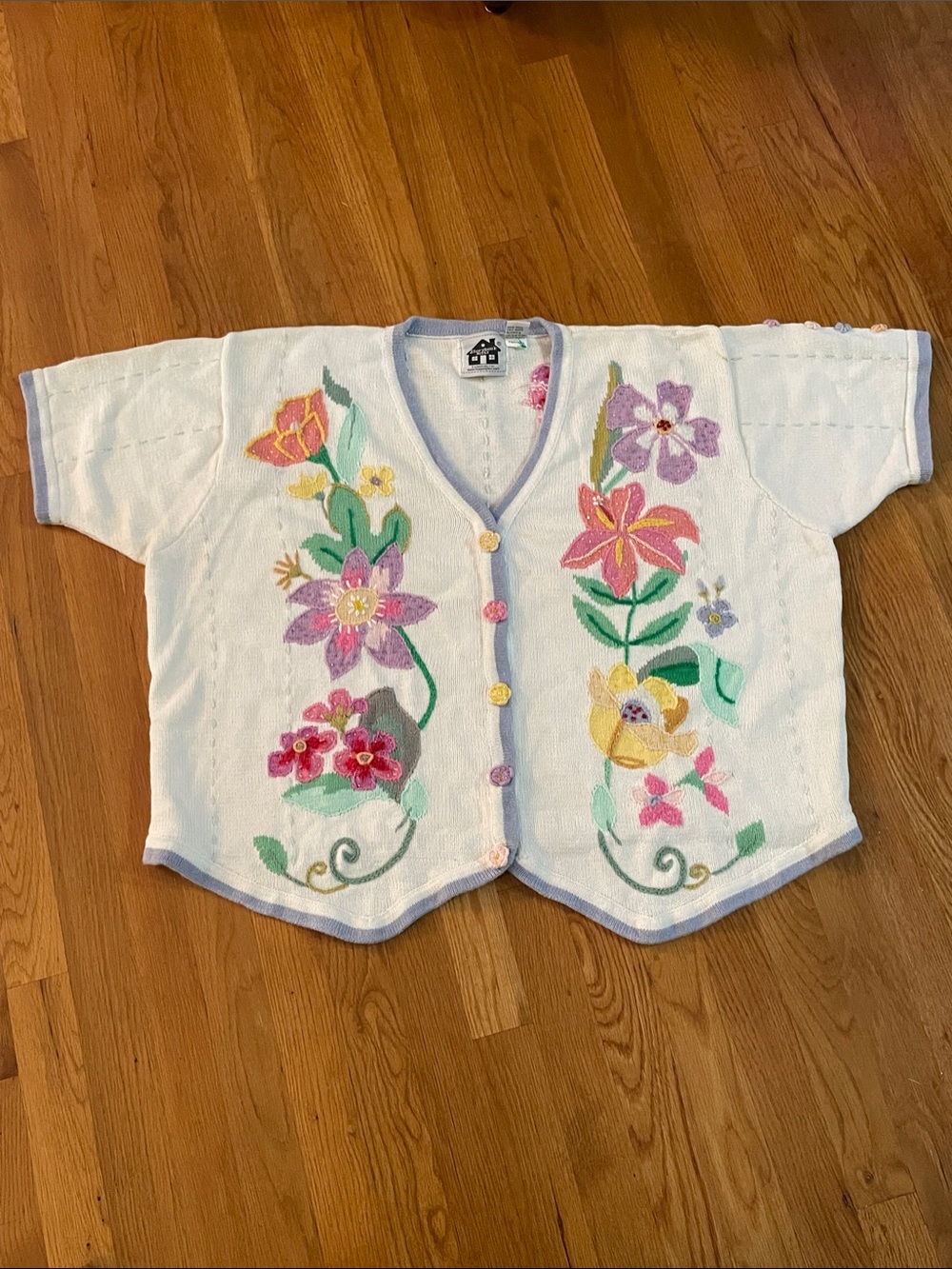 Storybook Knits White Short-Sleeve Floral Embroidered Button Cardigan